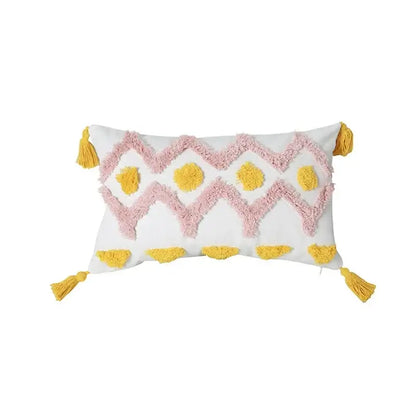 White rectangular cushion cover with pink and yellow tassels in a geometric tufted zigzag pattern for living room decorbites decor