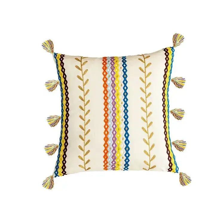 Cream-colored cushion cover with embroidered vertical stripes and multicolored tassels for decorbites geometric tufted decor
