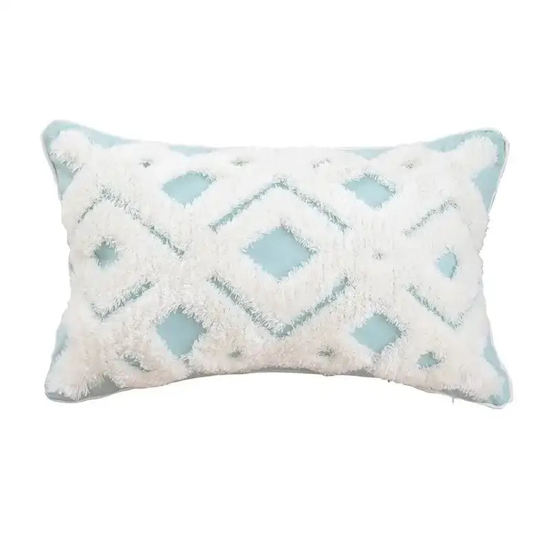 Rectangular cushion cover with light blue base and white fluffy geometric tufted pattern for living room decorbites decor