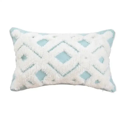 Rectangular cushion cover with light blue base and white fluffy geometric tufted pattern for living room decorbites decor