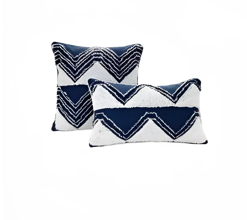 Navy and white geometric tufted cushion cover with textured embroidered zigzag design for living room decorbites decor