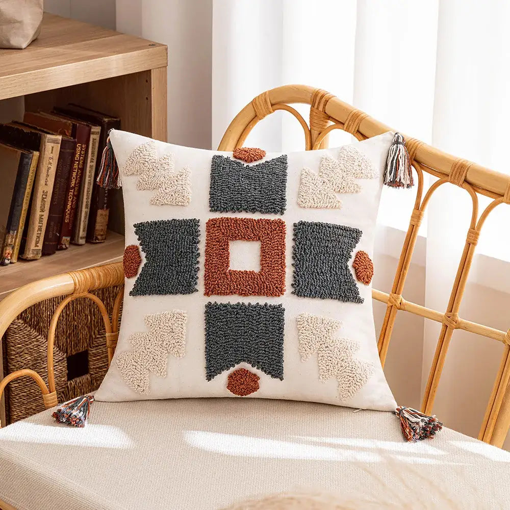 Cream-colored cushion cover with geometric tufted gray terracotta beige patterns and tassels for living room decorbites geometric tufted decor