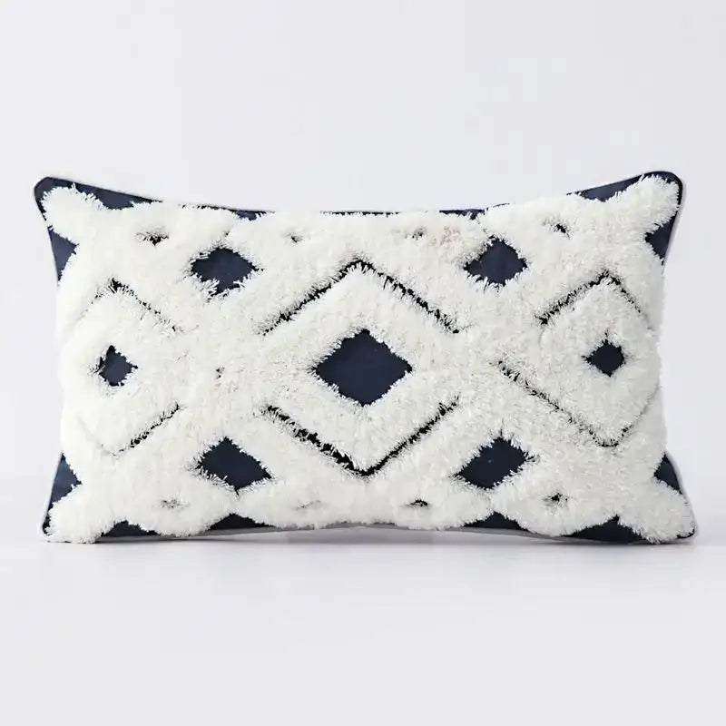 Rectangular geometric tufted cushion cover in navy and white with raised diamond yarn pattern for living room decorbites decor