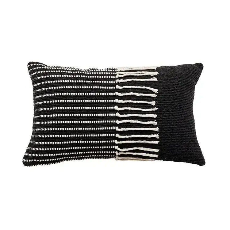 Black and white woven geometric tufted cushion cover with textured knit pattern and tassels for living room decorbites decor