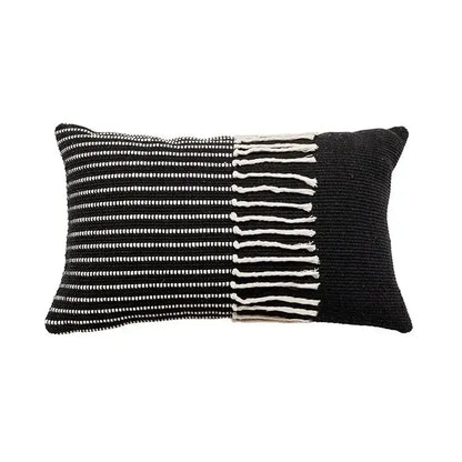 Black and white woven geometric tufted cushion cover with textured knit pattern and tassels for living room decorbites decor