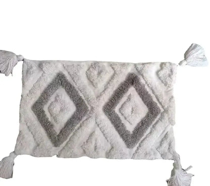Off-white and gray plush geometric tufted tassel cushion cover with textured diamond pattern for living room decor