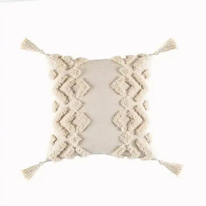 Cream-colored geometric tufted tassel cushion cover with textured pattern for beige and gray living room decorbites decor
