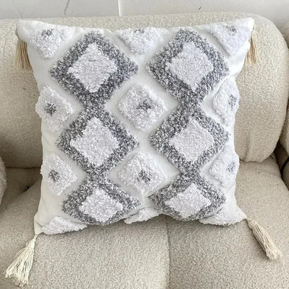 White and gray geometric tufted tassel cushion cover with diamond patterns and cream tassels for living room decorbites decor