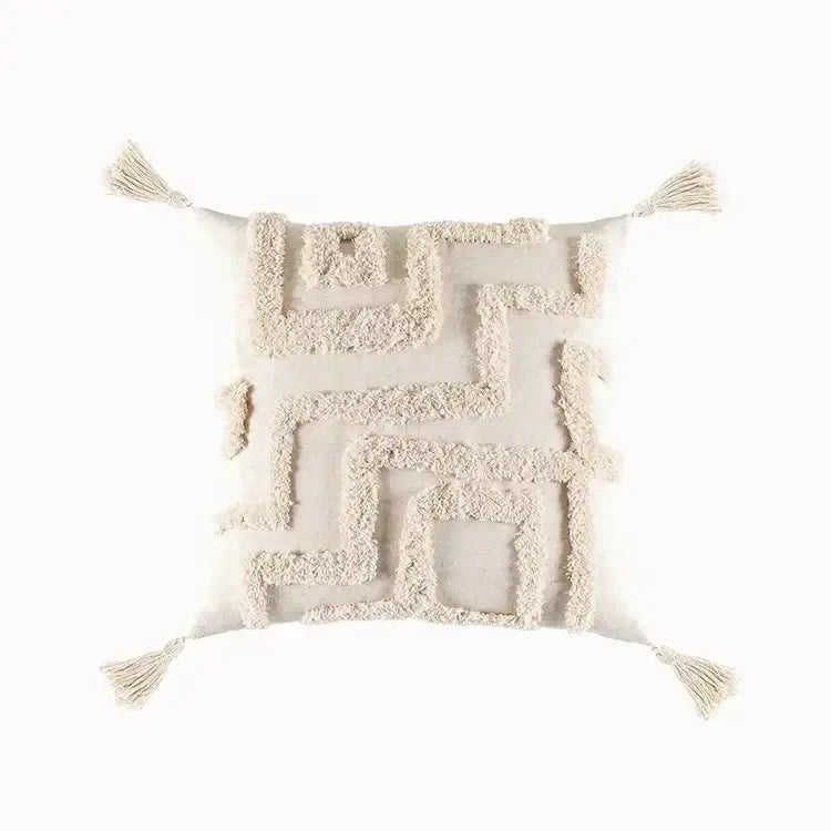 Cream-colored cushion cover with textured geometric tufted tassel design beige gray decorbites living room decor