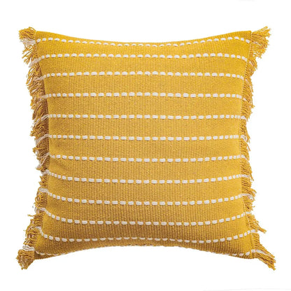 Vibrant yellow woven cushion cover with white dotted stripes and crochet tassels from decorbites geometric tufted collection