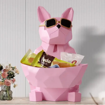Pink geometric french bulldog snack bowl with gold-rimmed sunglasses featured as a decorative tissue box holder
