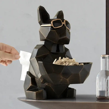 Black geometric french bulldog tissue box holder wearing gold-rimmed sunglasses holding bowl of dried herbs for living room decor