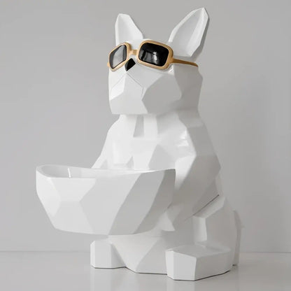 White geometric french bulldog tissue box holder with gold sunglasses and matching bowl for living room decor