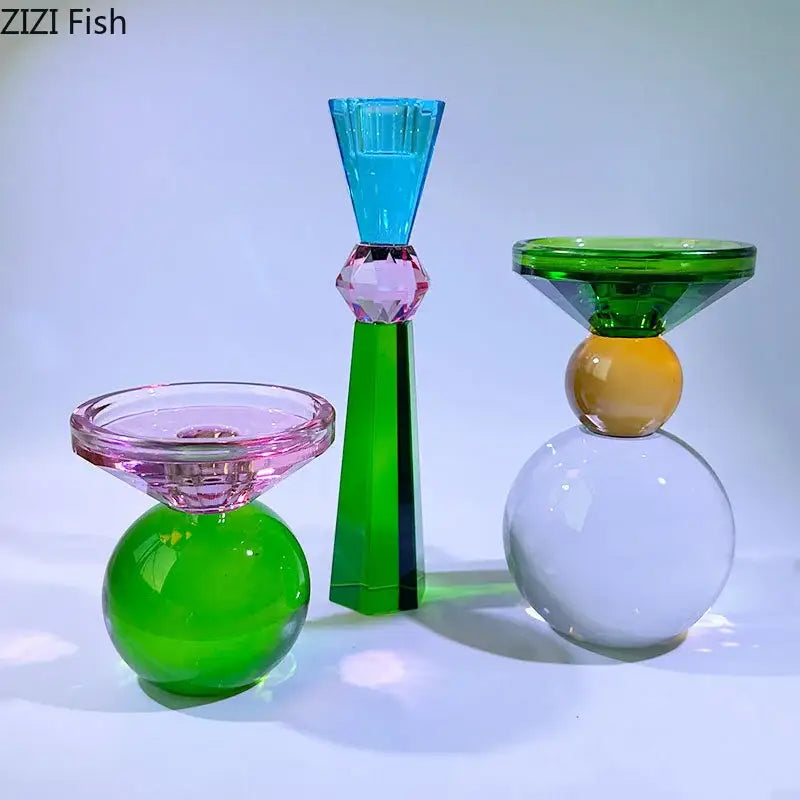 Vibrant geometric crystal candle holders in bold colors with faceted glass design for dining room decor