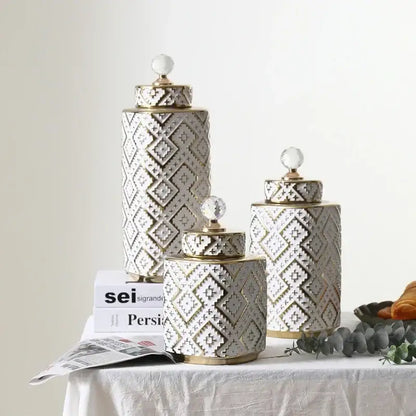 Three elegant ceramic decorative jars with golden relief diamond-patterned white glaze and crystal knobs for kitchen decorbites geometric golden collection