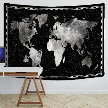 Black and silver geometric world map tapestry with starry night design and white dashed border for bedroom decorbites decor