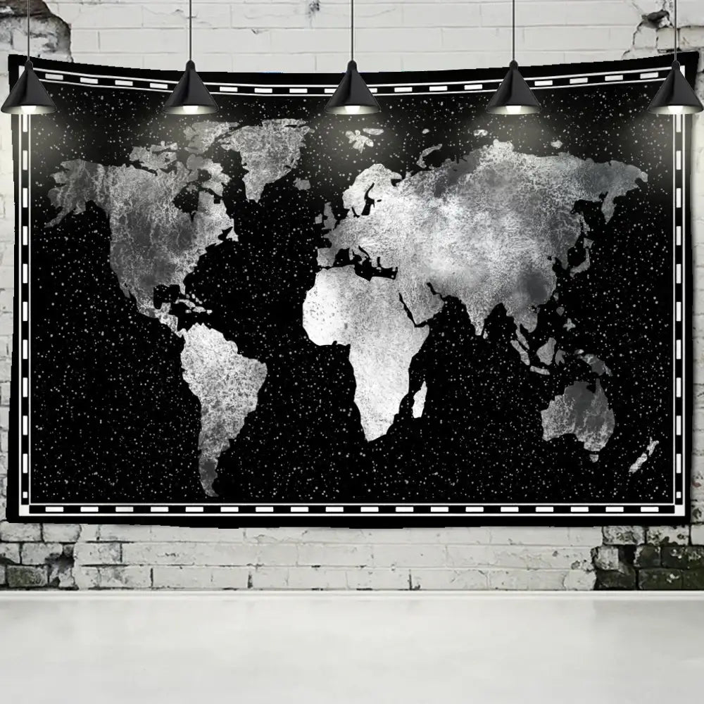 Geometric world map black and silver tapestry featuring a starry background and white dashed border for bedroom decor