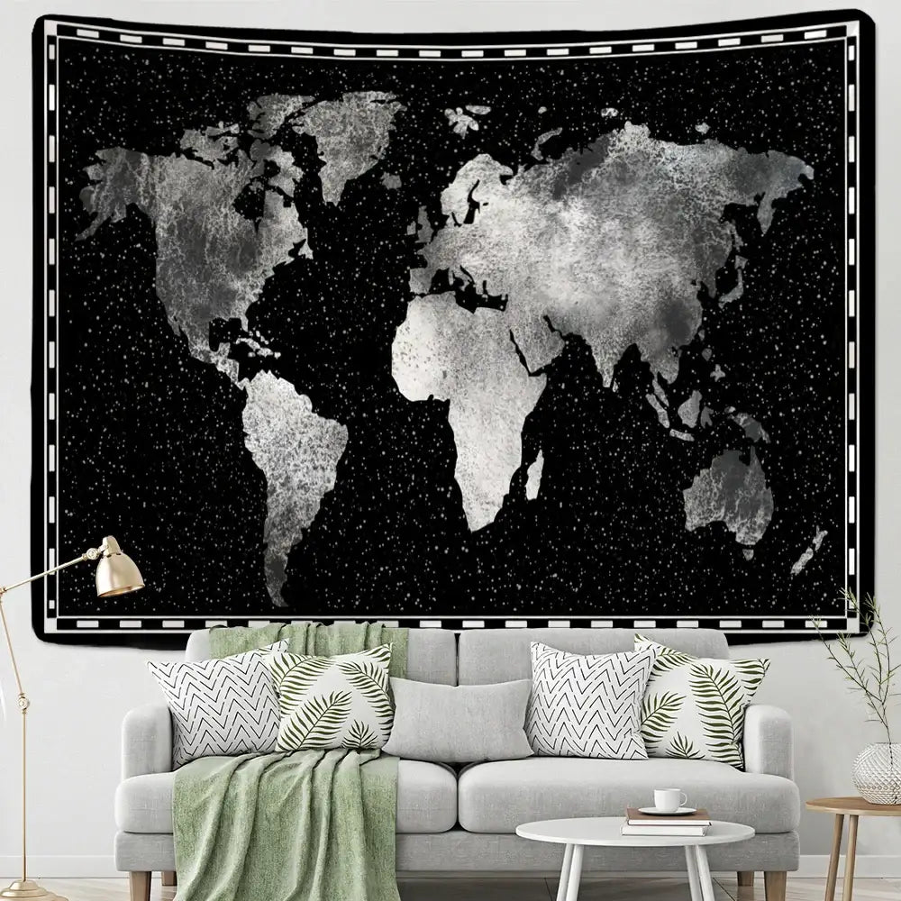 Black and silver geometric world map tapestry with starry background and white dashed border for decorbites bedroom wall decor