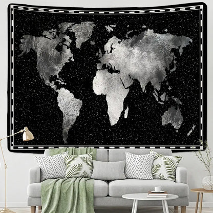 Black and silver geometric world map tapestry with starry background and white dashed border for decorbites bedroom wall decor