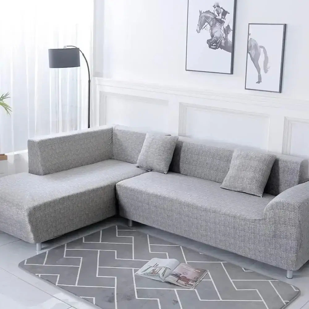 Gray textured fabric geometric stretch sofa cover with matching throw pillows for decorbites living room couch protector