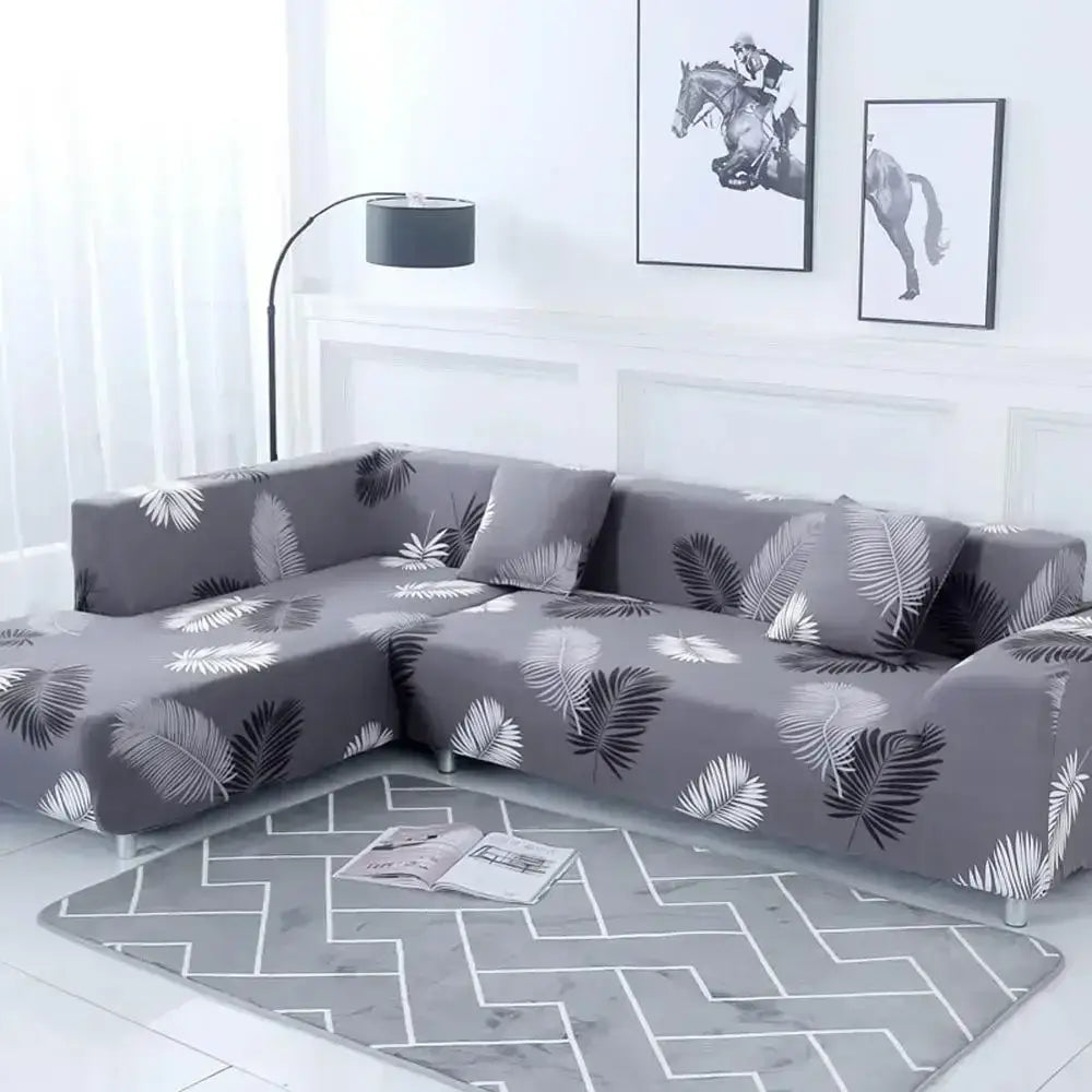 Gray sofa cover with black and white tropical leaf pattern for decorbites geometric stretch sofa couch protector