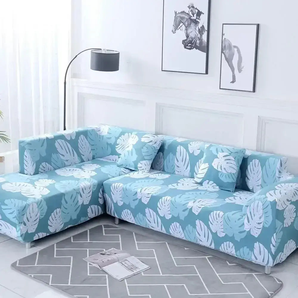 Light blue and white monstera leaf patterned stretch sofa cover by decorbites geometric stretch for living room couch protection