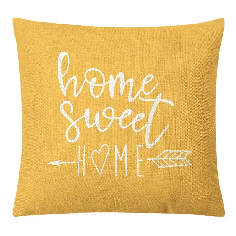 Yellow linen pillow cover with white home sweet home script and arrow design for decorbites geometric yellow decor