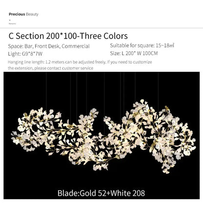 A delicate white and gold ginkgo biloba chandelier pendant light with leaf glass fixtures for living room decorbites
