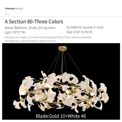 Delicate gold-toned decorbites ginkgo biloba chandelier with white petal glass pendant light for living room decor