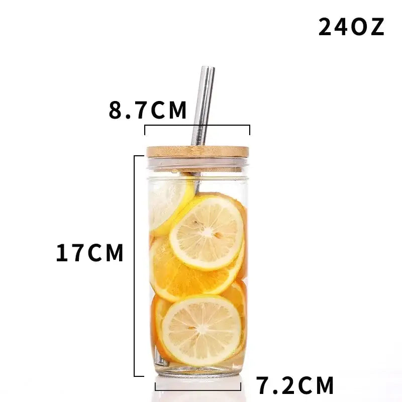 Clear glass boba smoothie cup with bamboo lid and stainless steel straw filled with sliced lemons decorbites glass boba