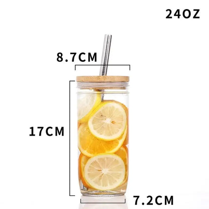 Clear glass boba smoothie cup with bamboo lid and stainless steel straw filled with sliced lemons decorbites glass boba