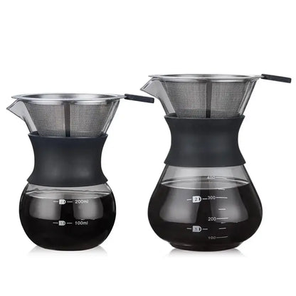 Two glass coffee pots with black silicone handles and stainless steel filters for pour over brewing, 200ml and 300ml sizes