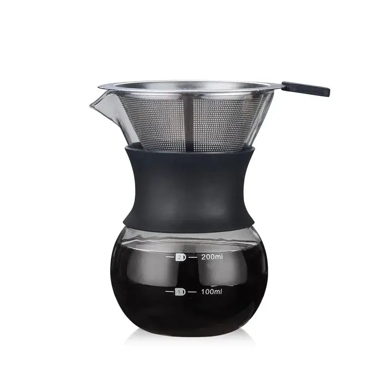 Glass coffee pot with stainless steel filter and black silicone base for kitchen pour over brewing