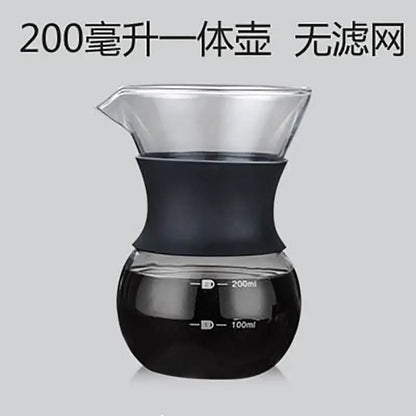 Glass coffee pot with stainless steel filter and clear dripper with black silicone handle and 200ml capacity