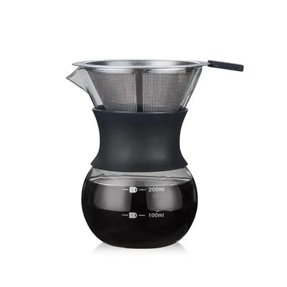 Glass coffee pot with stainless steel filter features a black silicone base and mesh for pour over brewing