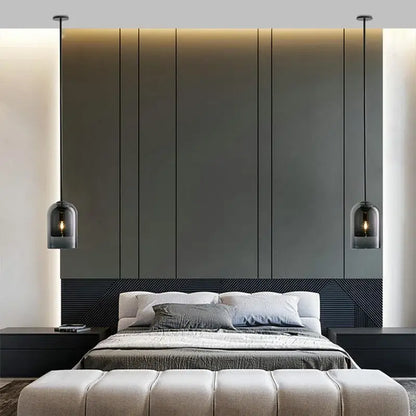Modern glass led chandelier three light pendant with dark glass shades and exposed filament bulbs for dining room use