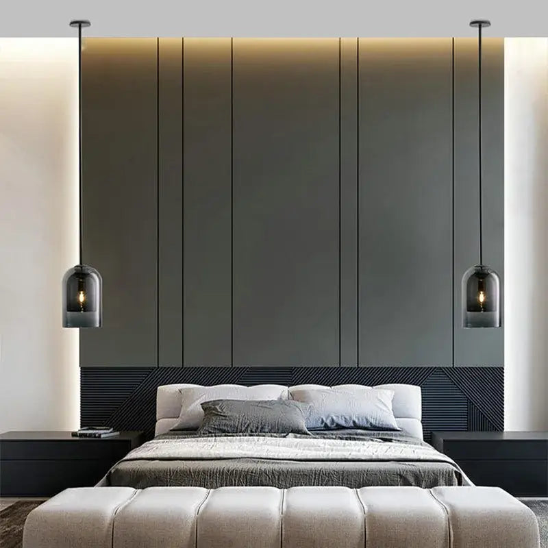 Modern glass led chandelier three light pendant with dark glass shades and exposed filament bulbs for dining room use