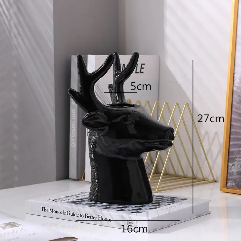 Glossy black deer head ceramic vase with intricate engraved patterns for decorbites deer head living room decor