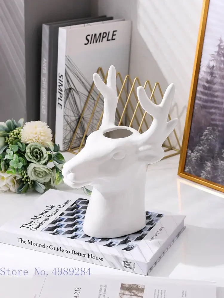 White glossy ceramic deer head vase with detailed antlers for decorbites deer head ceramic living room decor