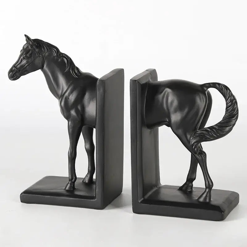 Glossy black horse stallion resin bookends with detailed sculpting for decorbites dark horse living room decor