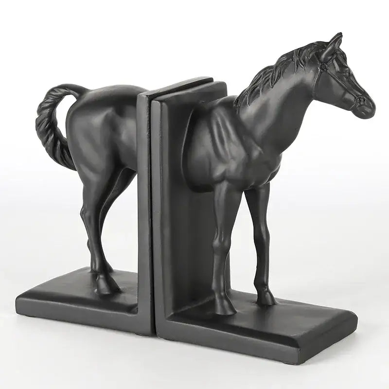 Glossy black horse stallion resin bookends with detailed sculpting perfect for decorbites dark horse living room decor