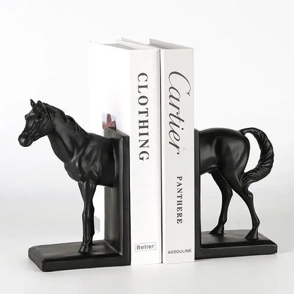 Glossy black horse stallion resin bookends with detailed sculpting for living room decorbites dark horse decor