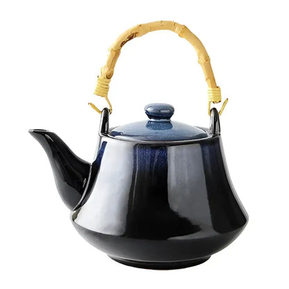 Glossy blue ceramic tea kettle with bamboo handle and lid ideal for decorbites blue ceramic tea dining room set