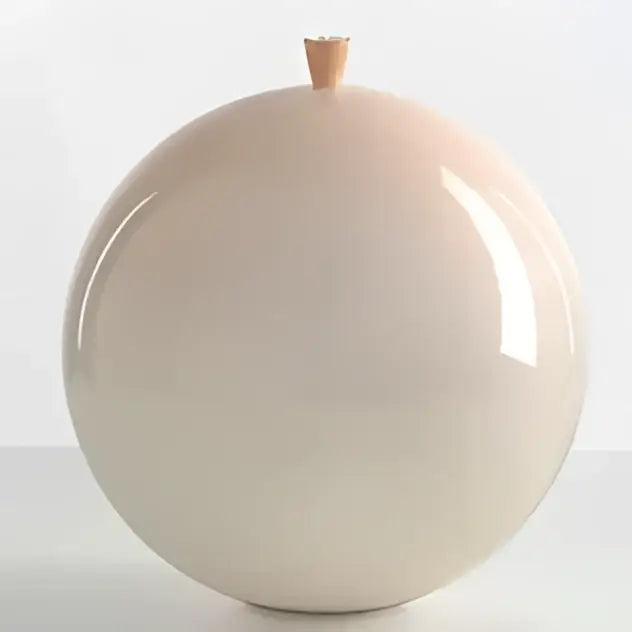 A smooth glossy beige ceramic vase with wooden knob shown alongside a colorful balloon ceiling lamp for kids bedroom