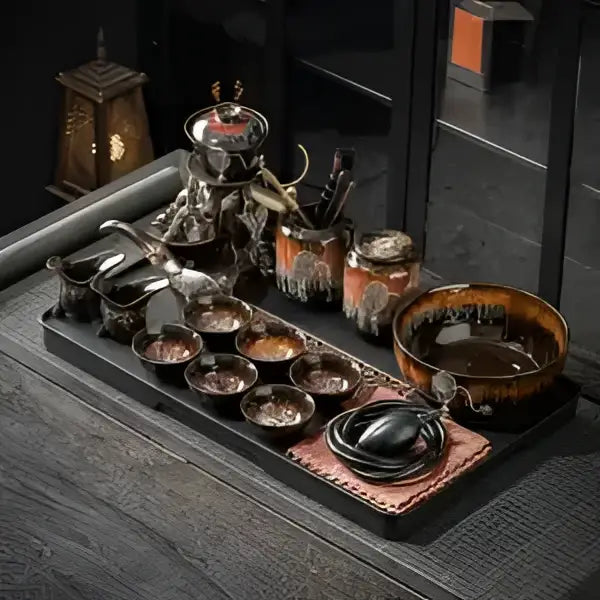 Glossy earth tone magnetic rotating tea set with handcrafted porcelain and metalwork featuring decorbites dragon teapot