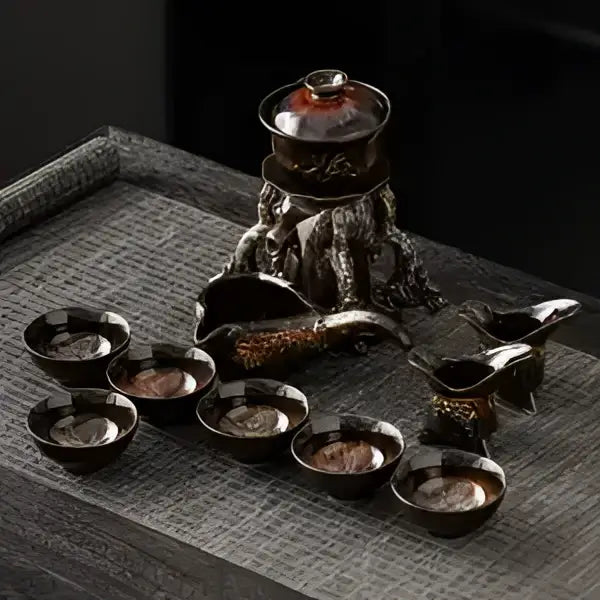 Dark bronze ceramic decorbites dragon teapot with intricate carvings and magnetic rotating tea feature for dining room use
