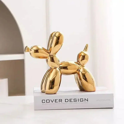 Glossy iridescent silver and gold 22cm balloon dog ceramic sculpture with sleek reflective surface for living room decor