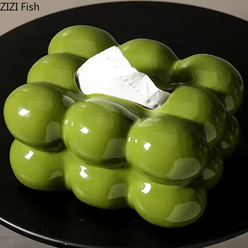 Glossy lime green bubble ceramic tissue box with rounded segments for dining table decor by Decorbites Cotton Candy