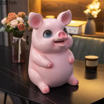 Glossy pink ceramic piggy bank with blue eyes and smiling face savings jar by decorbites cartoon pig for bedroom decor