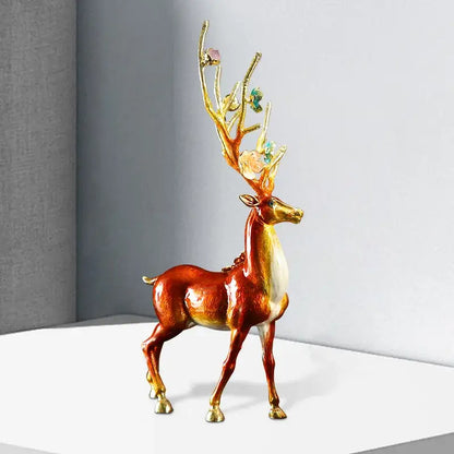 Glossy reddish brown and white deer peace porch decoration set with golden intricate antlers and colorful gemstones